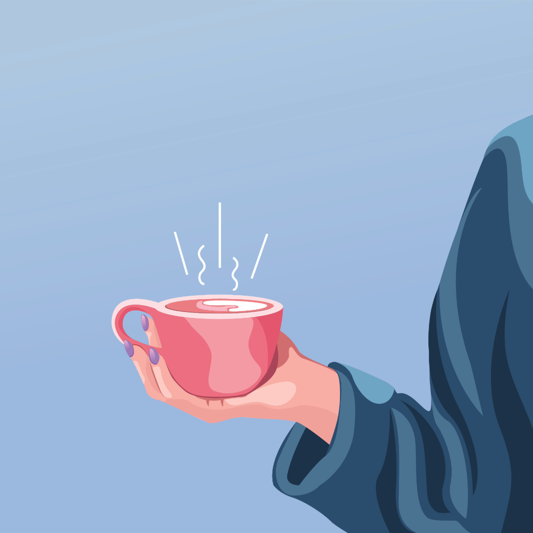 En person holder en varm kop kaffe or sidder med hænderne omkring en rosa kop, der afgiver damp.