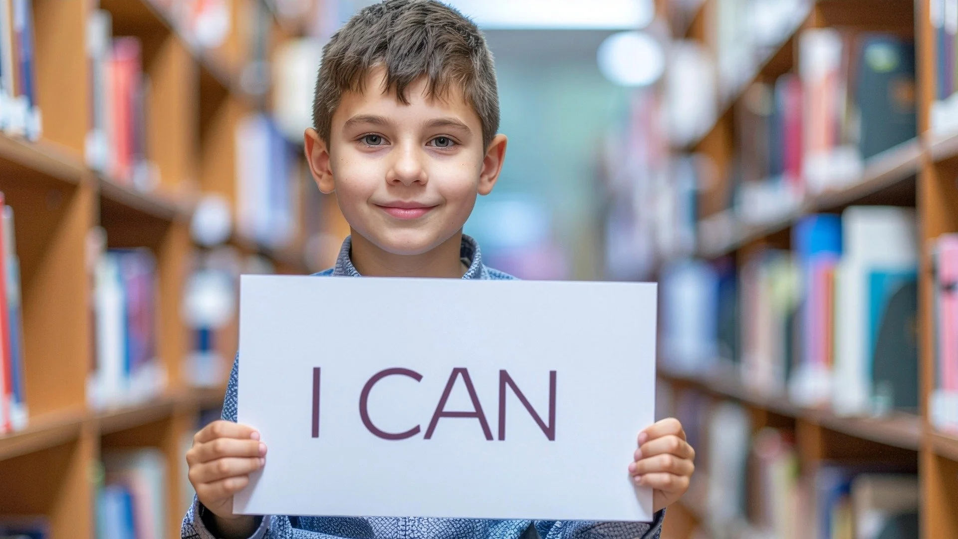 Ung dreng i skolebibliotek, der holder et skilt med teksten 'I CAN'