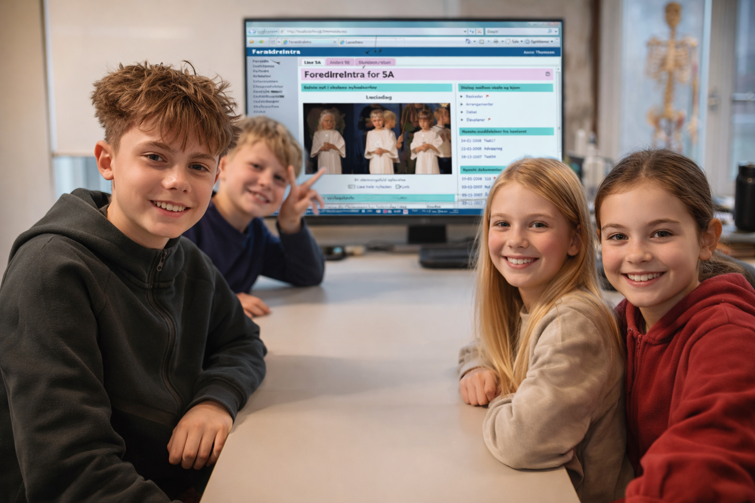 Fire børn sidder ved et bord og laver skolearbejde foran en computer, der viser en webside med børn i hvidt, på en skole.