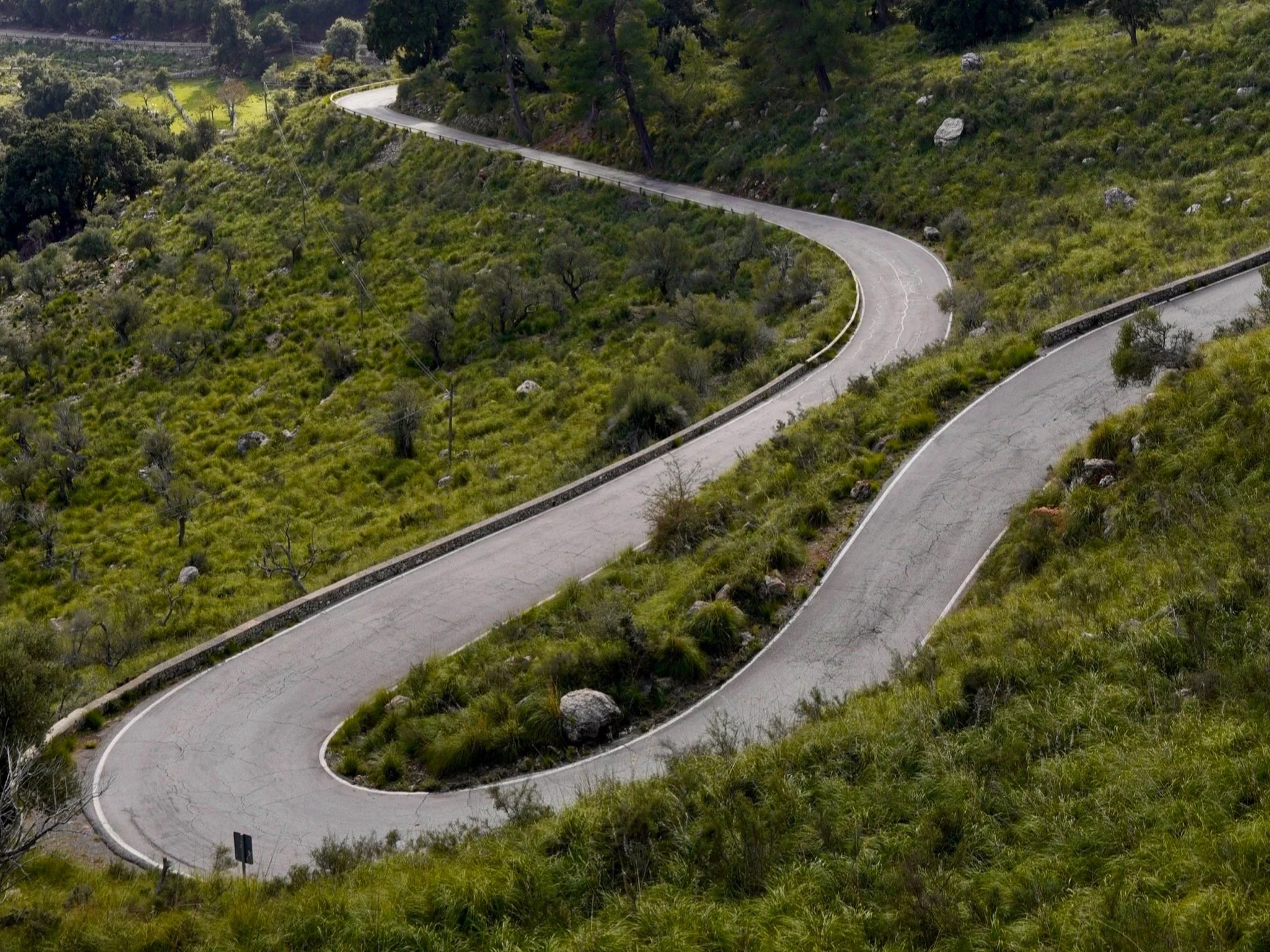 A winding mountain road with multiple sharp turns, surrounded by lush green grass and trees.