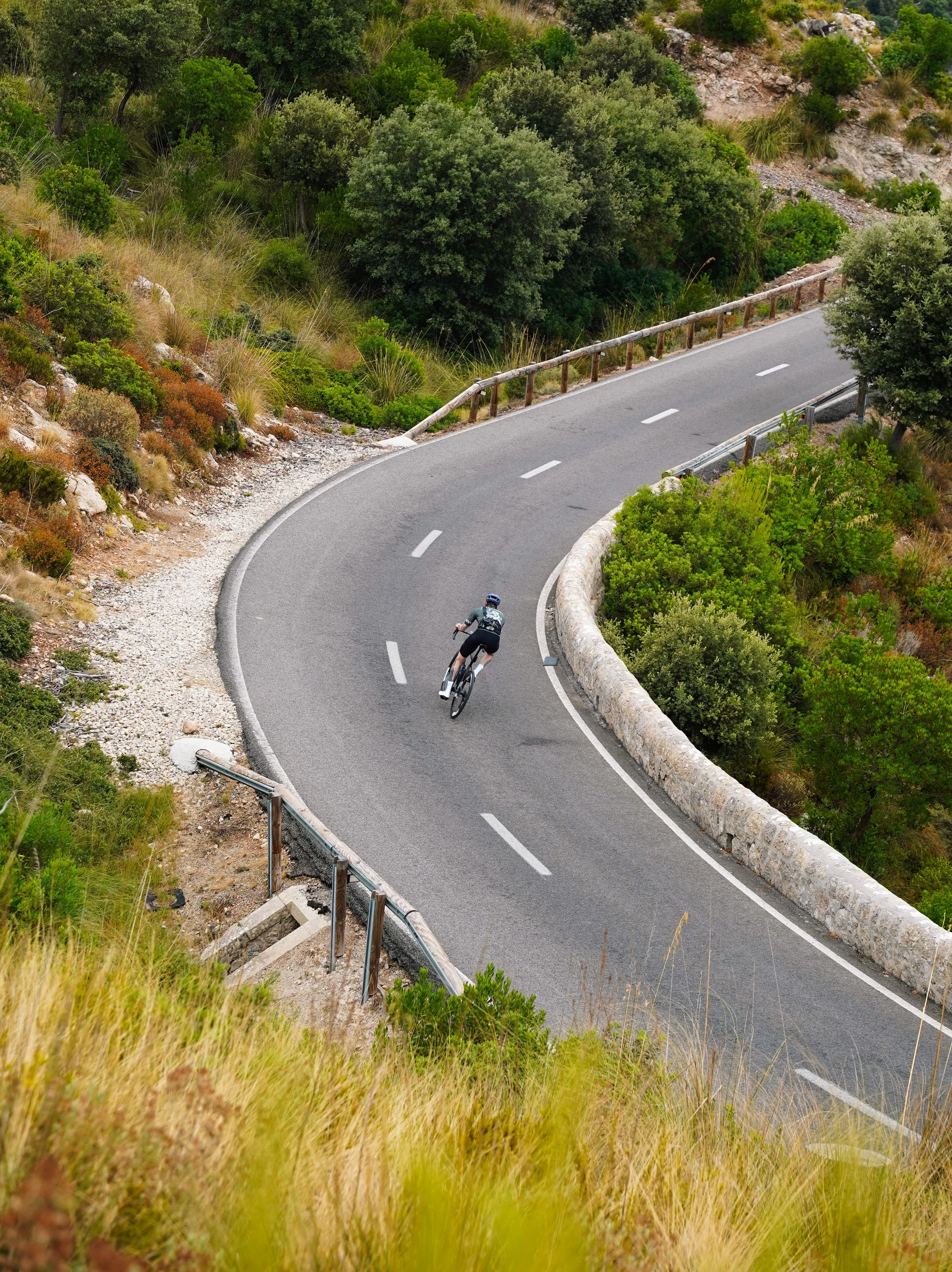 A cyclist riding on a winding mountain road surrounded by green trees and shrubs.
