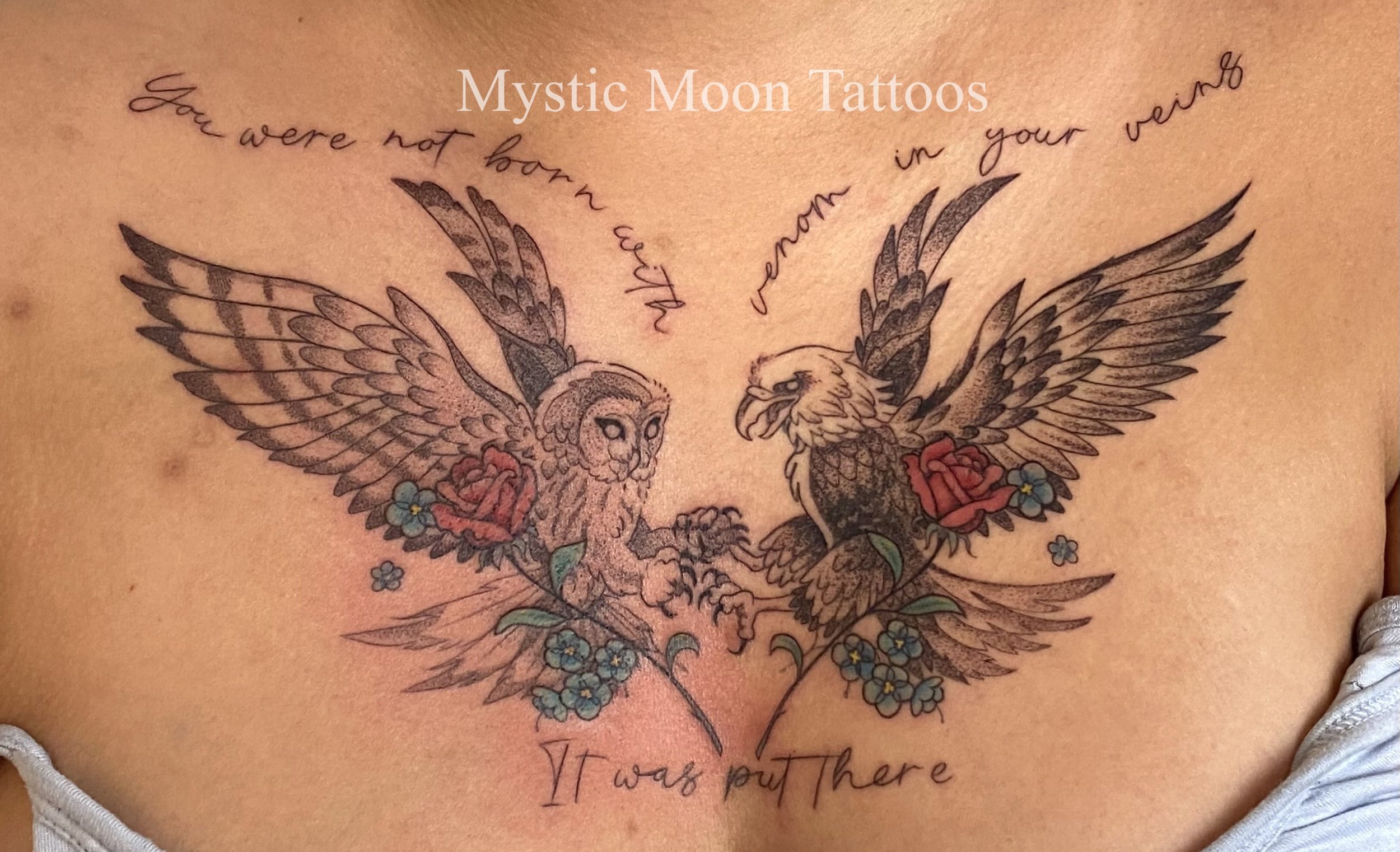 Owl and hawk chest tattoo!