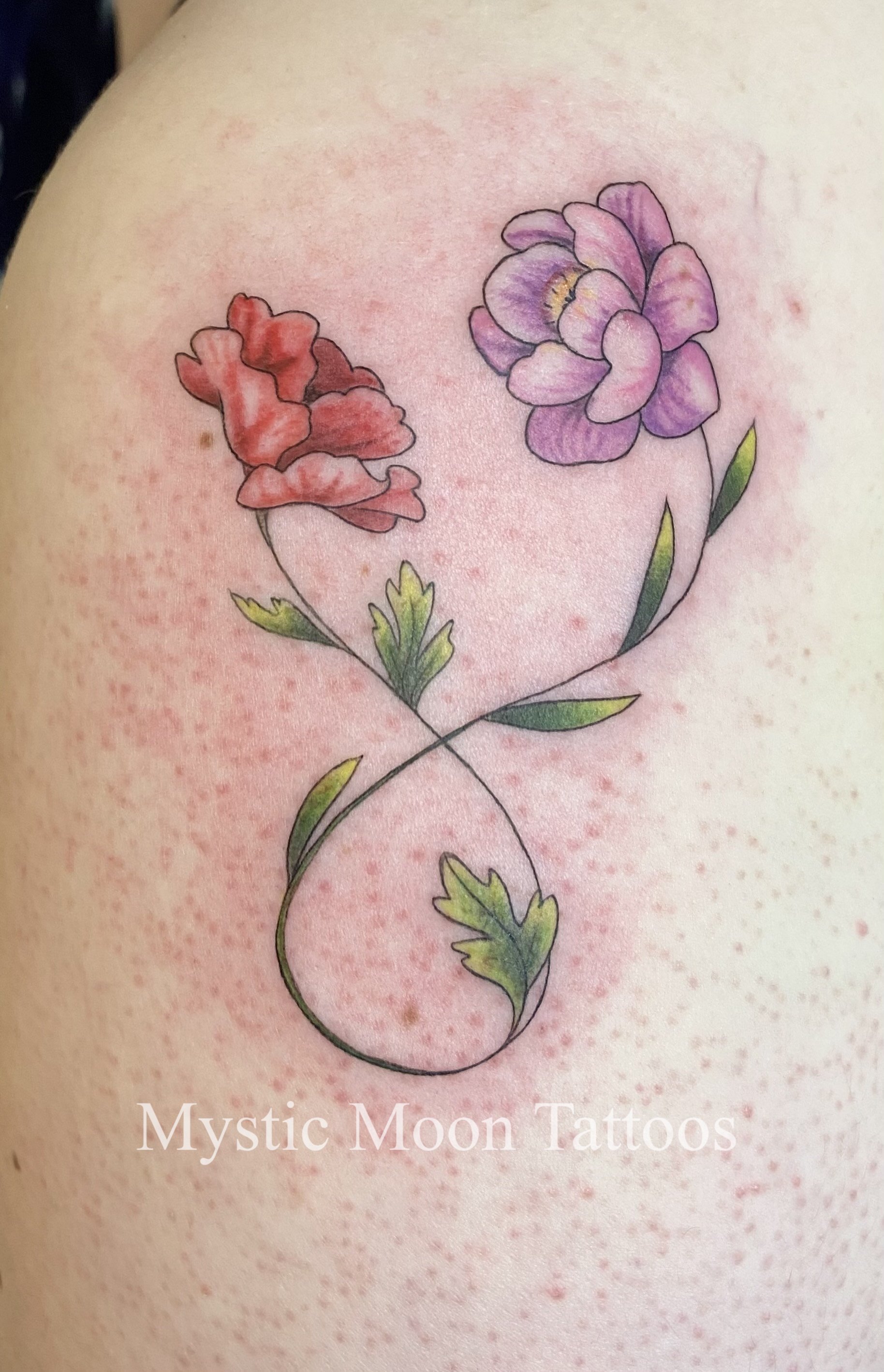 Delicate colour mother daughter tattoo, poppy and (idk).