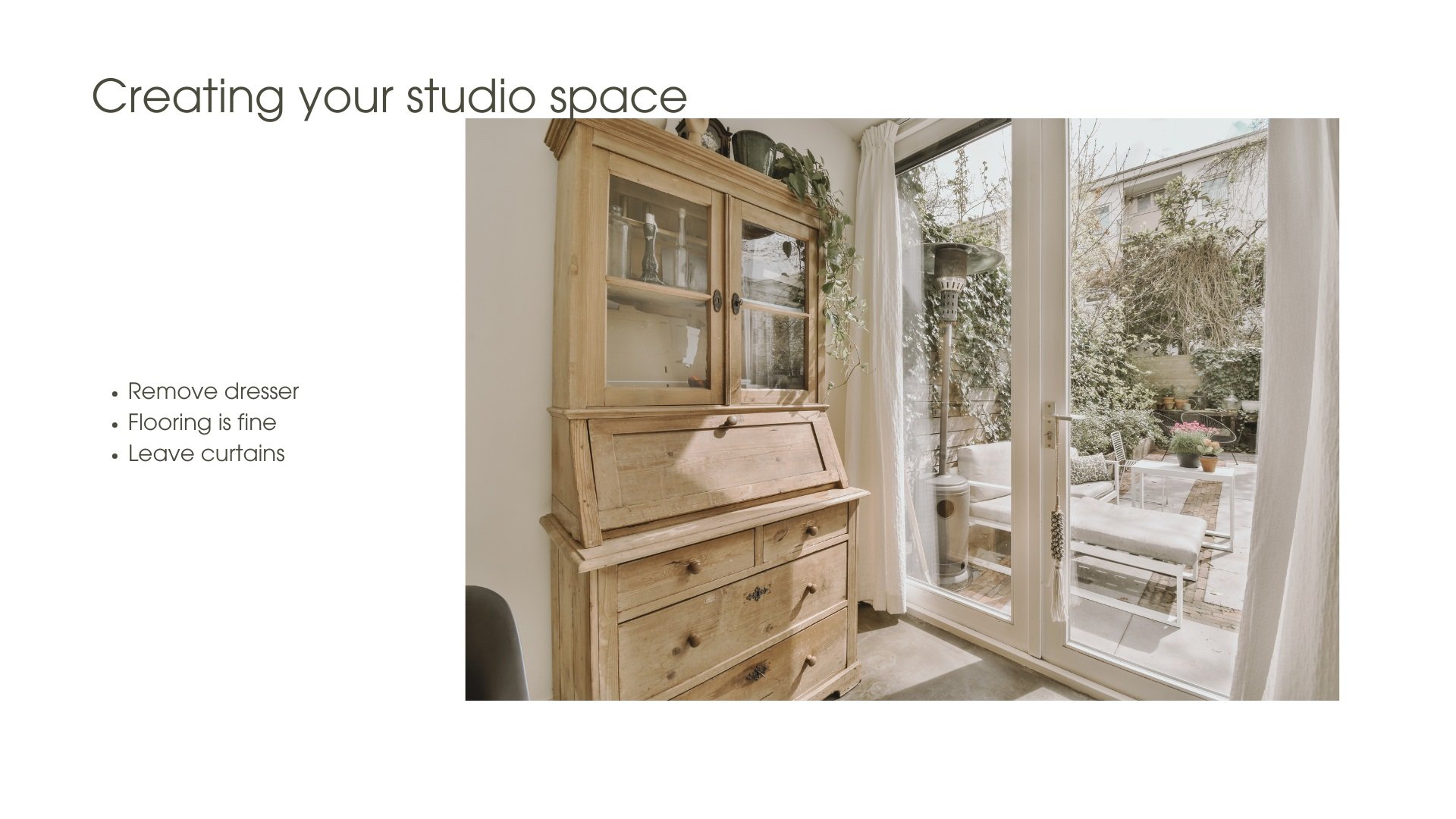 Slide from the Simple Six course showing how to transform an everyday home room with a large window into a simple newborn photography shooting space