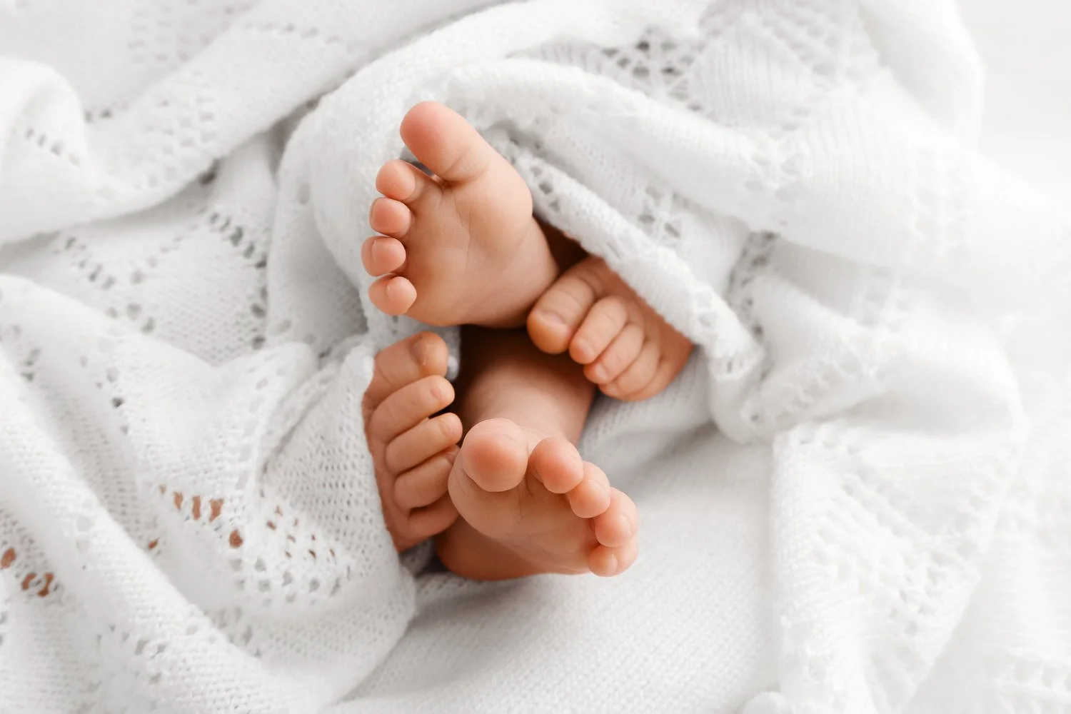 Identical newborn twins feet entwined detail shot by Ally Stuart-Ross Mabel and Moose Education