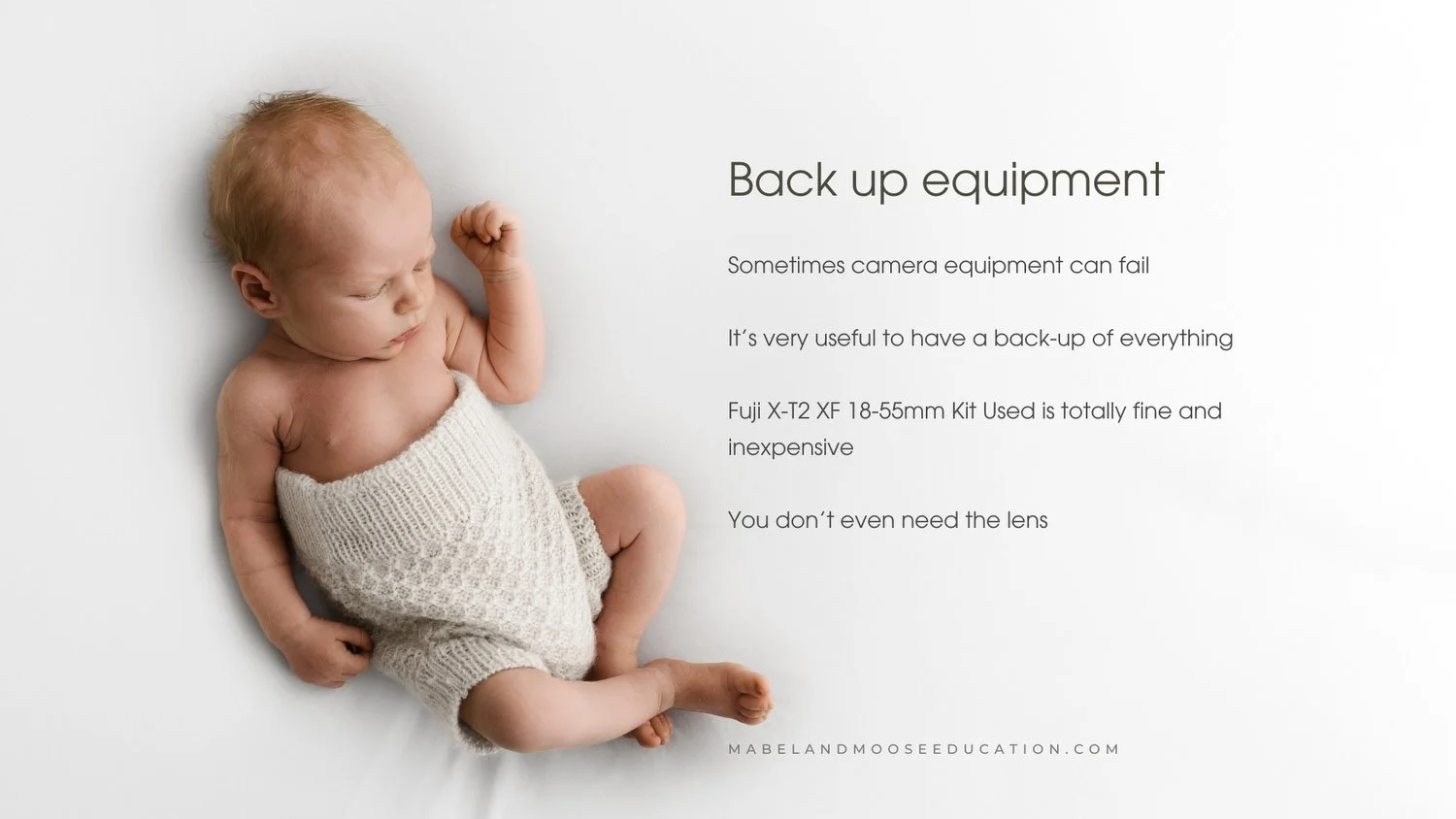 Peacefully sleeping newborn baby in a soft neutral knit photographed in calm natural light showing the beautiful saleable results achievable with the Simple Six beginners newborn photography course