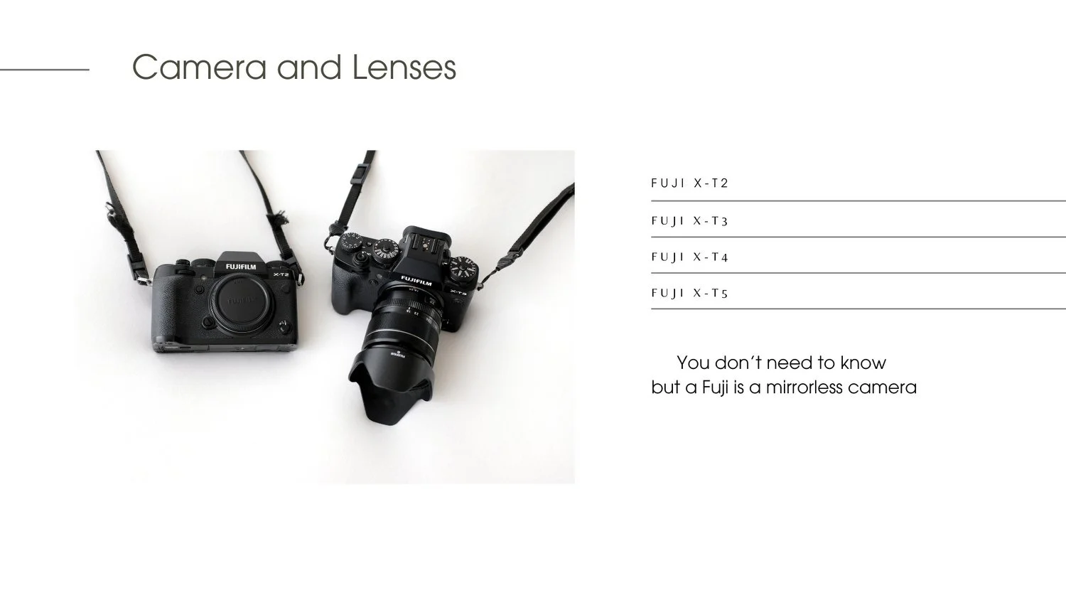 Slide from the Simple Six newborn photography course showing two Fujifilm cameras and recommended lens options for the Mabel and Moose Method