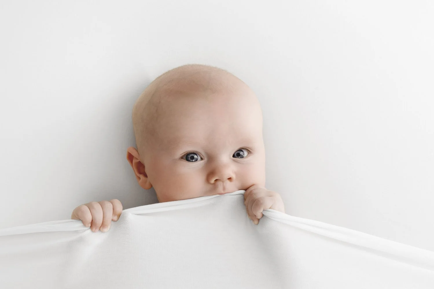 5 month old baby peekaboo under white blanket at Mabel and Moose studio by Ally Stuart-Ross