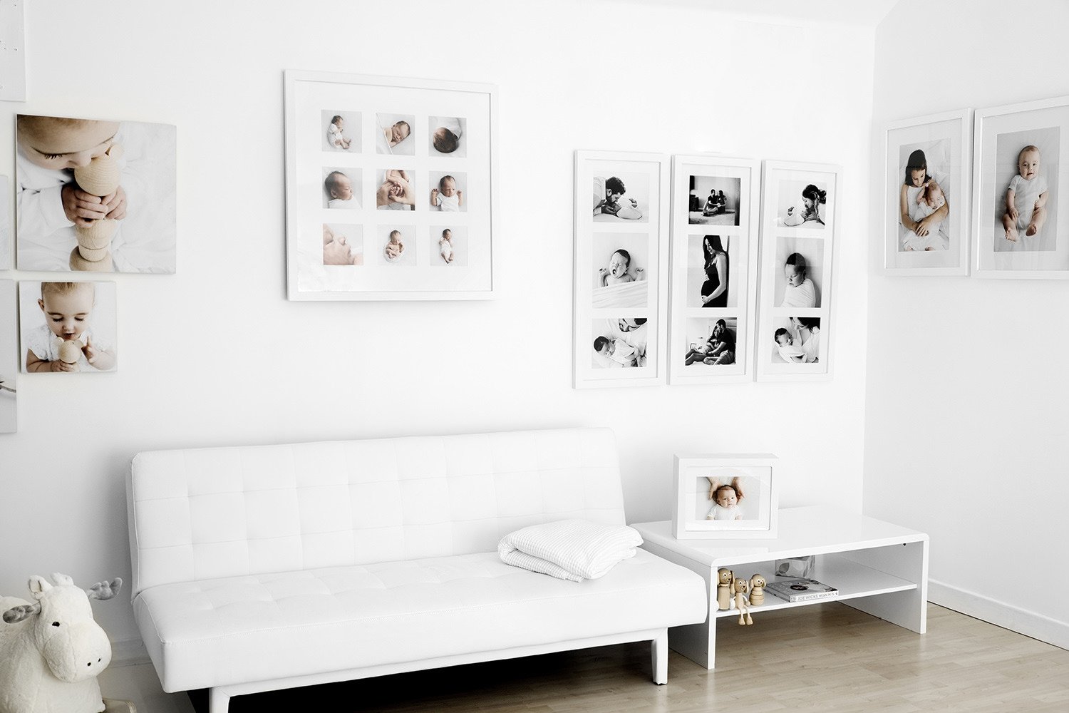 Mabel and Moose newborn photography studio white display wall and sofa Monifieth Dundee