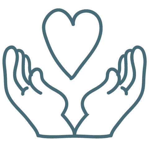 Two hands cradling a heart in a simple line drawing.