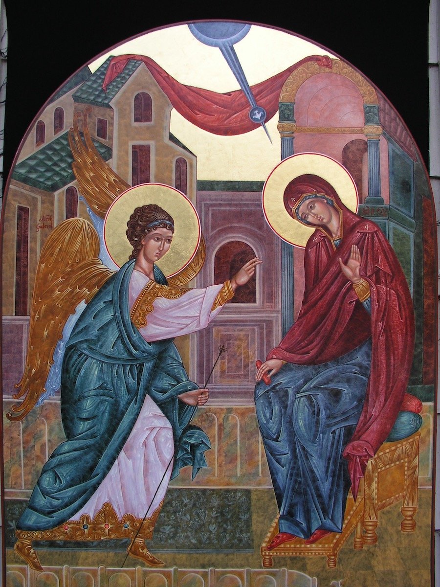 Icon of the Annunciation, egg tempera and gold leaf on board, 48 x 36 inches