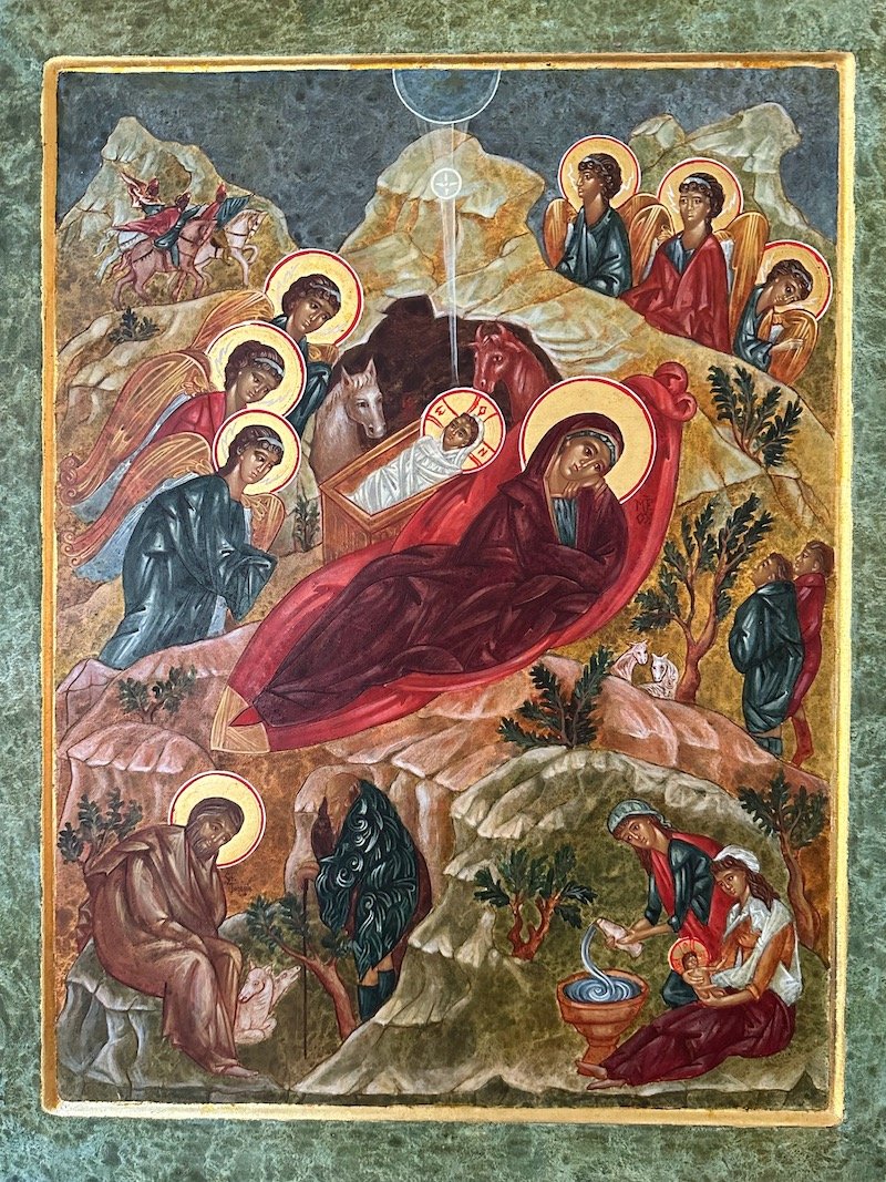 Icon of the Nativity of Christ, egg tempera and gold leaf on poplar board, 24 x 18 inches