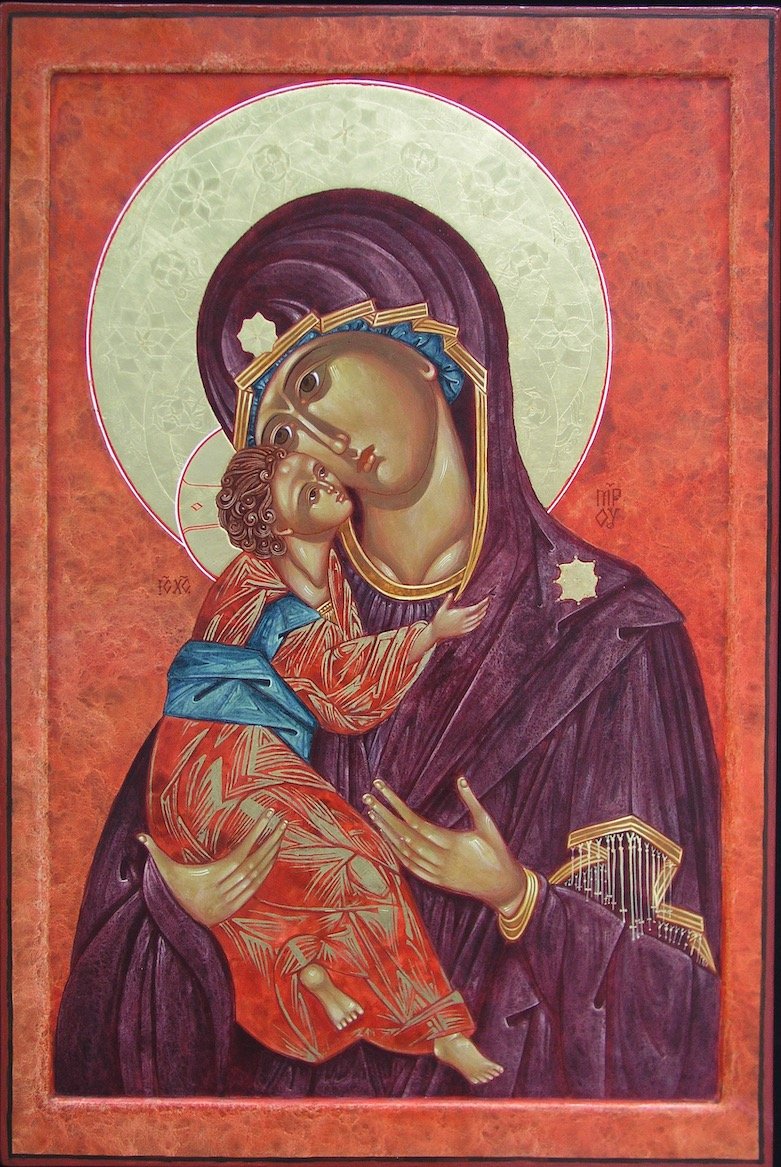 Icon of the Mother of God, Lovingkindness, egg tempera and gold leaf on poplar board, 24 x 18 inches