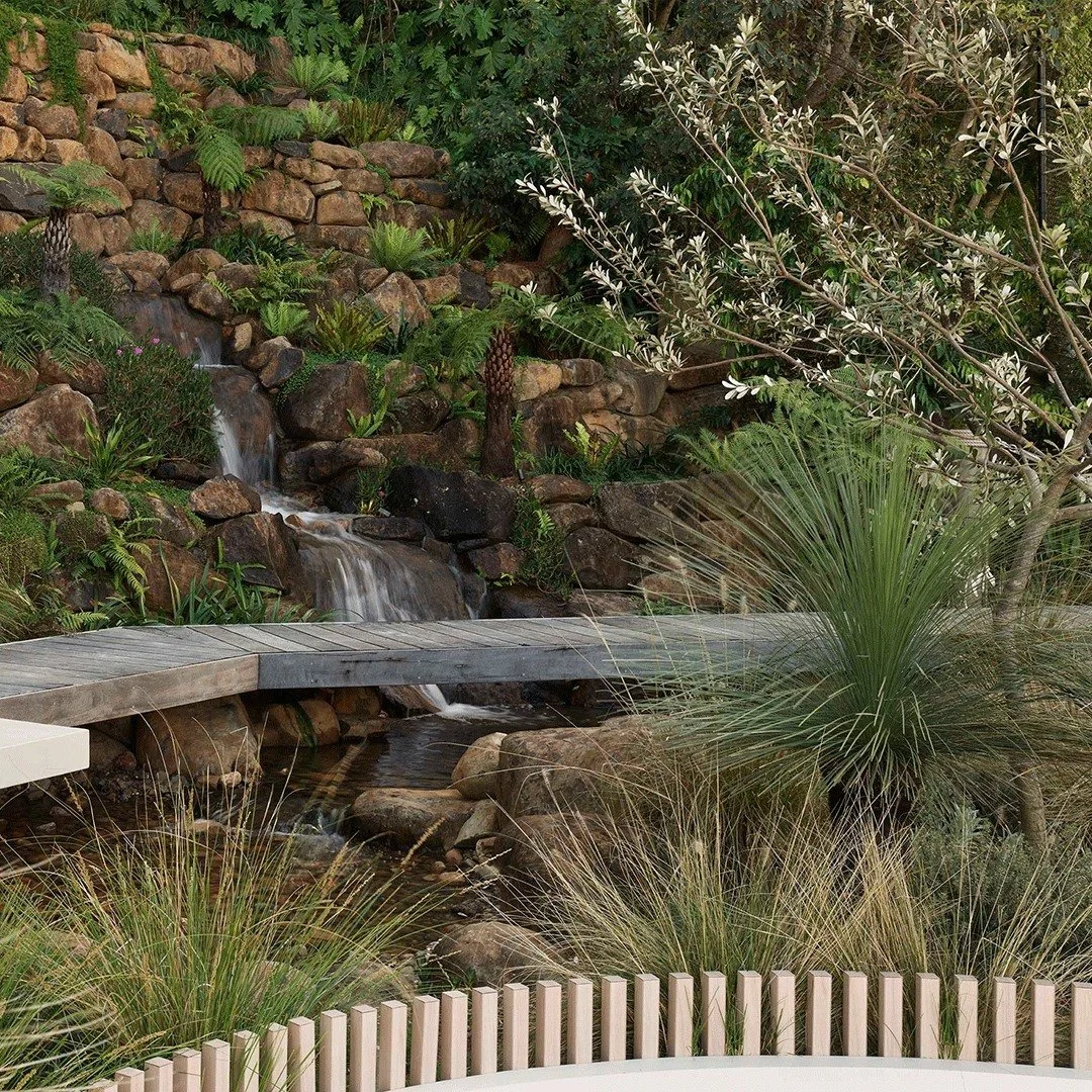 Coastal Haven - a footbridge that floats above a tumbling waterfall. Movement and sound surround you, drawing you deeper into the experience

#Gardensforliving #CoastalHaven #TheTailoredGardener  #LuxuryGardens #AustralianGardenDesign  #GardenSanctua