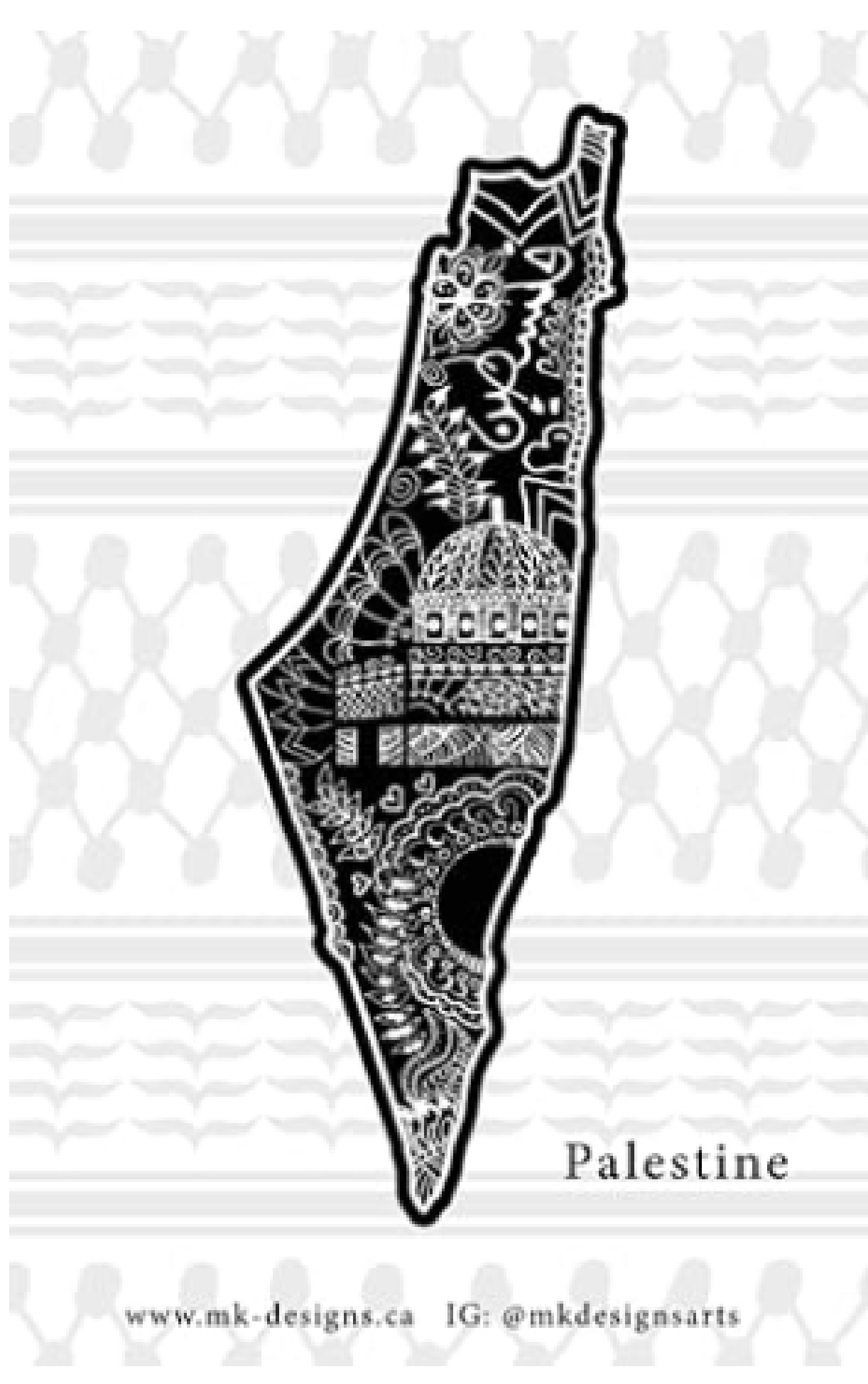 Illustrated map of Palestine with intricate patterns and designs. Background includes traditional motifs. Text "Palestine" at the bottom.