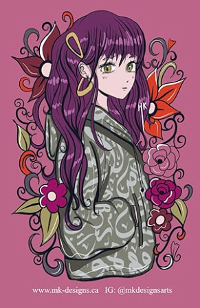 Anime-style girl with purple hair, wearing a patterned hoodie, surrounded by colorful flowers, on a pink background.