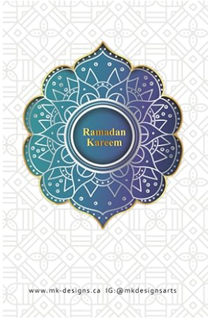 Intricate floral pattern with "Ramadan Kareem" text in center, gold and blue colors. Background features geometric design. Website and Instagram handles at bottom.