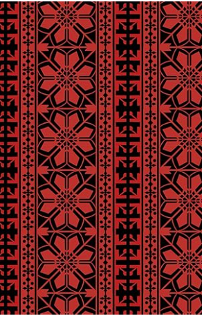 Red and black geometric pattern with symmetrical floral motifs and vertical stripes.