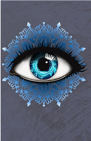 Artistic illustration of a blue eye with a decorative lace-like pattern around it