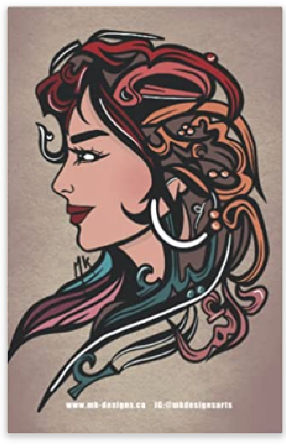Colorful abstract illustration of a woman's profile with intricate designs in hair, bold lines, and vibrant colors on a beige background.