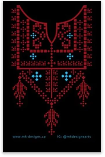 Geometric embroidery pattern with red and blue symmetrical motifs on a black background.