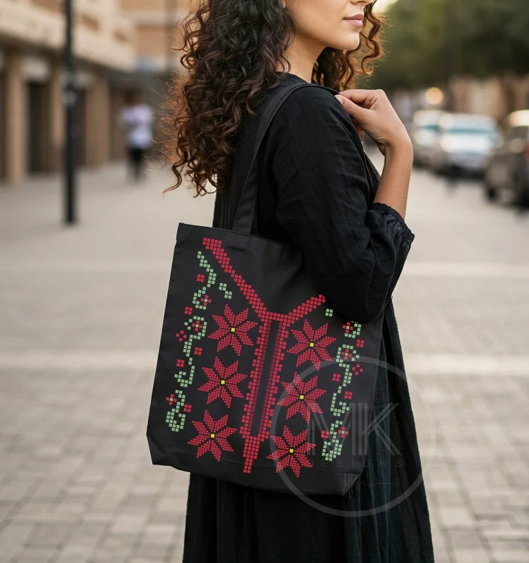 Woman carrying a black tote bag with red and green floral embroidery design, walking outdoors in a casual setting.