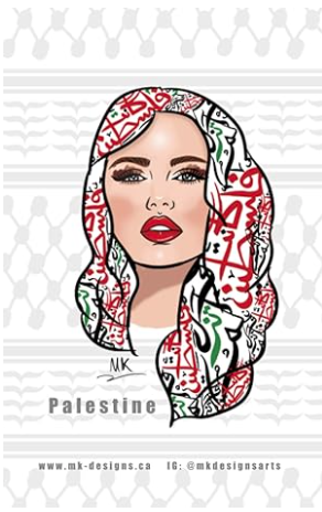 Illustration of a woman with stylized Palestinian patterns in her hair, labeled "Palestine," featuring artistic designs in red, green, and black.