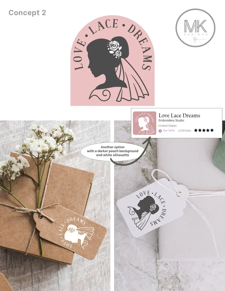 Logo for Love Lace Dreams featuring a silhouette of a woman with flowers in her hair and a veil, in pink, black, and white, with the tagline 'Love Lace Dreams' and decorative elements.