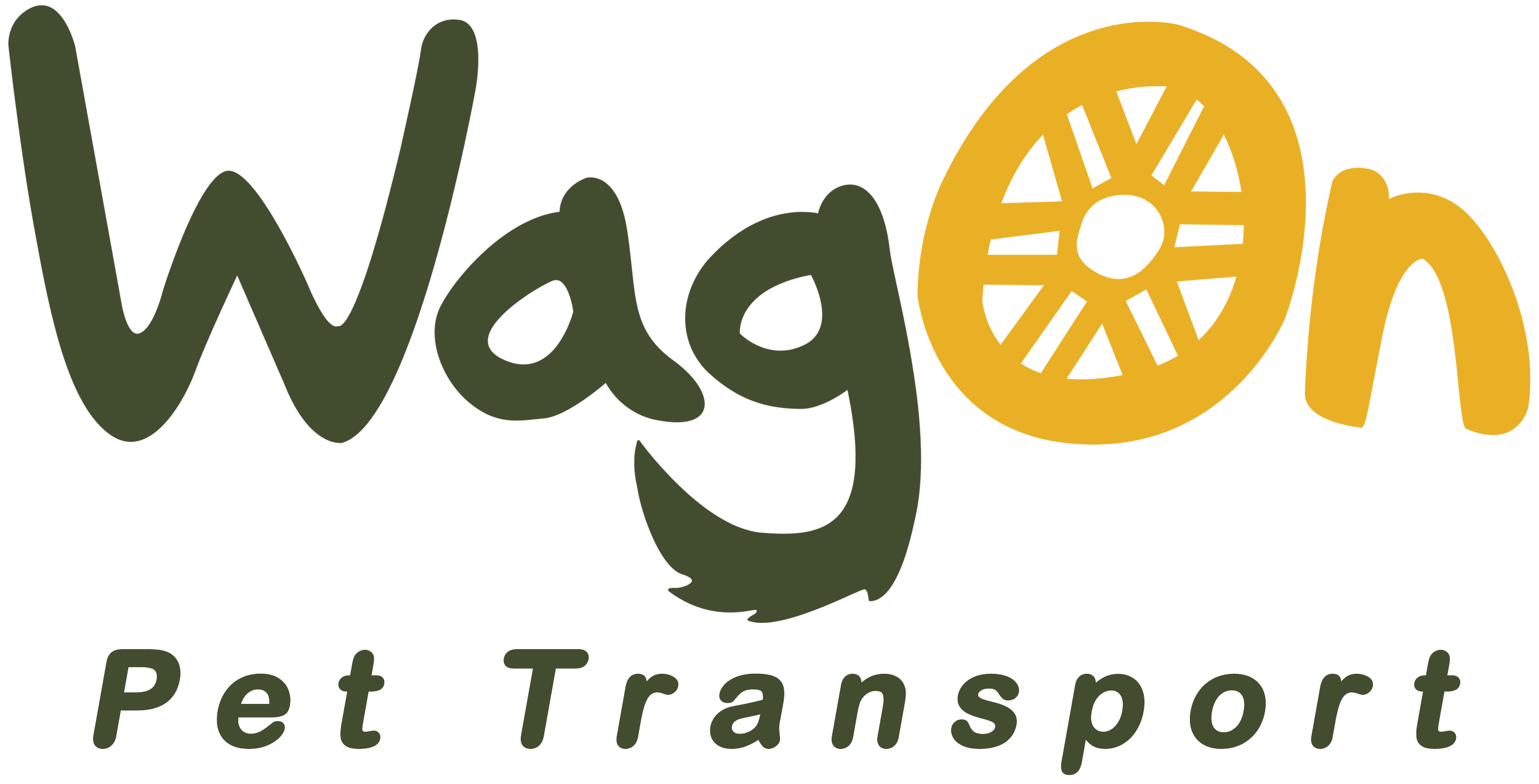 Logo for WagOn Pet Transport with the word "WagOn" in stylized font, featuring a gold wagon wheel integrated into the lettering, and the words "Pet Transport" underneath.