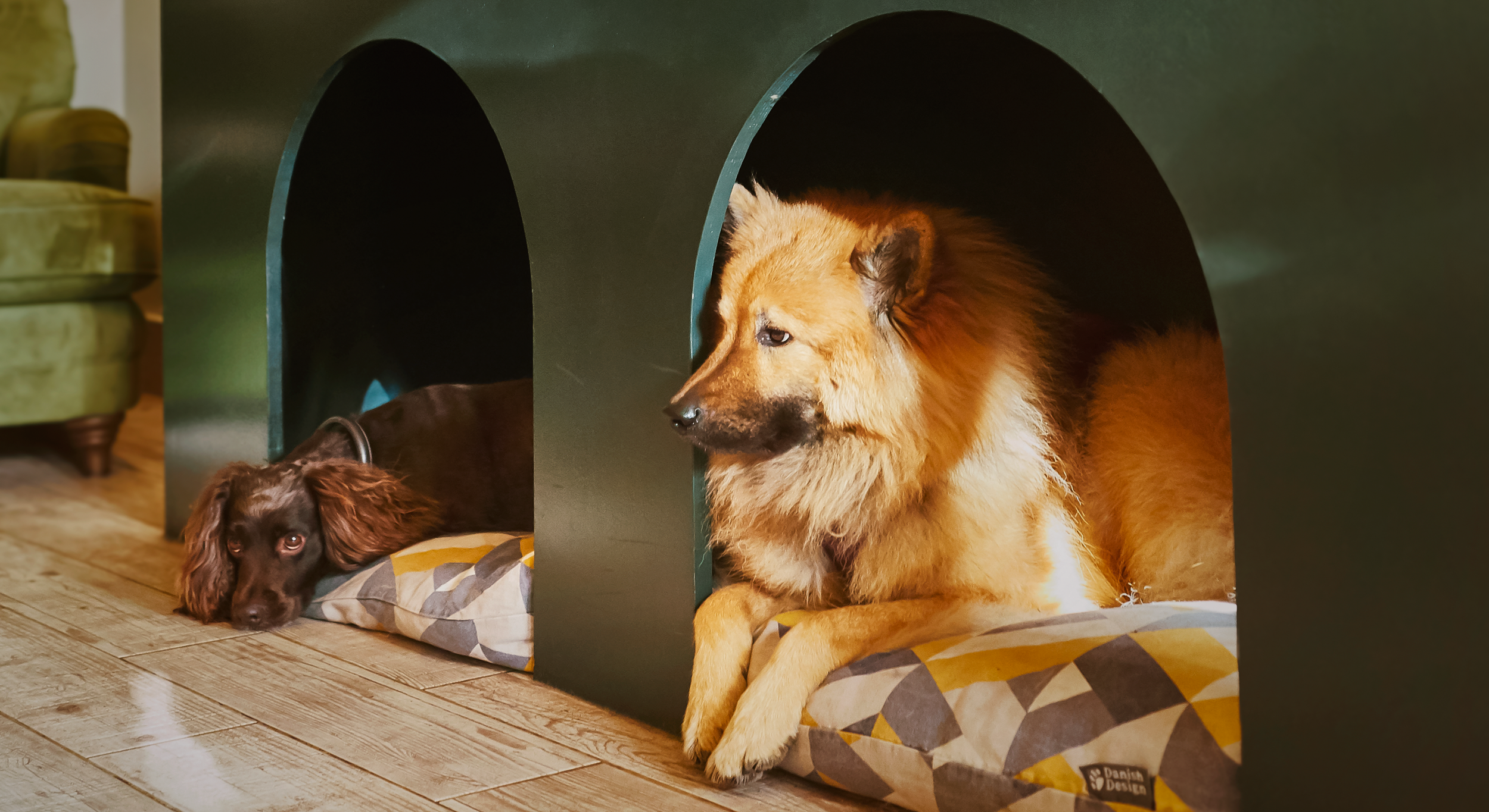 A large tan and black dog with a fluffy coat resting outside a black doghouse, with a smaller brown dog lying on a patterned dog bed nearby.