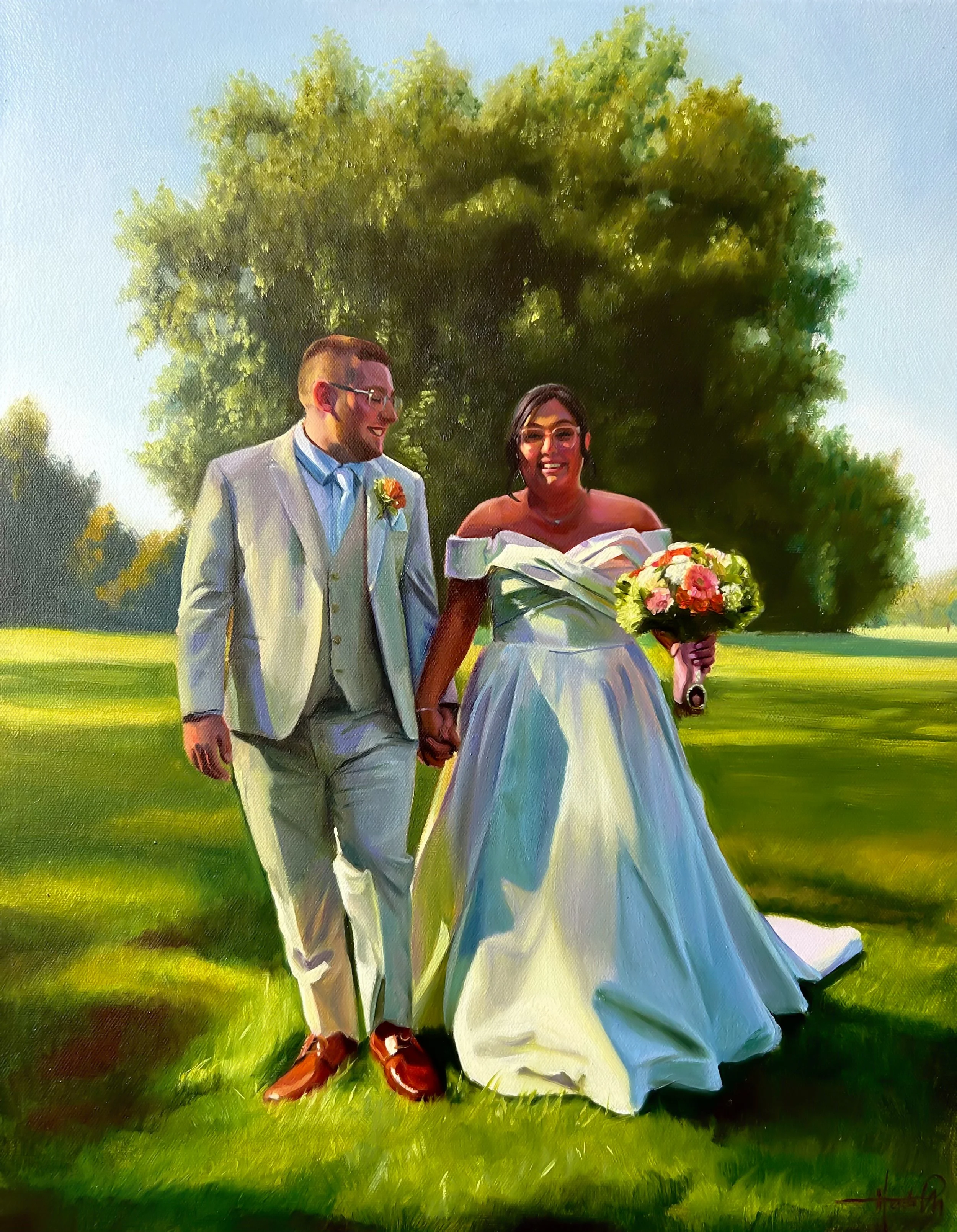 A painting of a newlywed couple walking outdoors on a sunny day. The groom is wearing a light gray suit with a boutonniere, and the bride is in a white off-the-shoulder wedding gown holding a bouquet of flowers. They are smiling and holding hands, with lush green trees in the background.