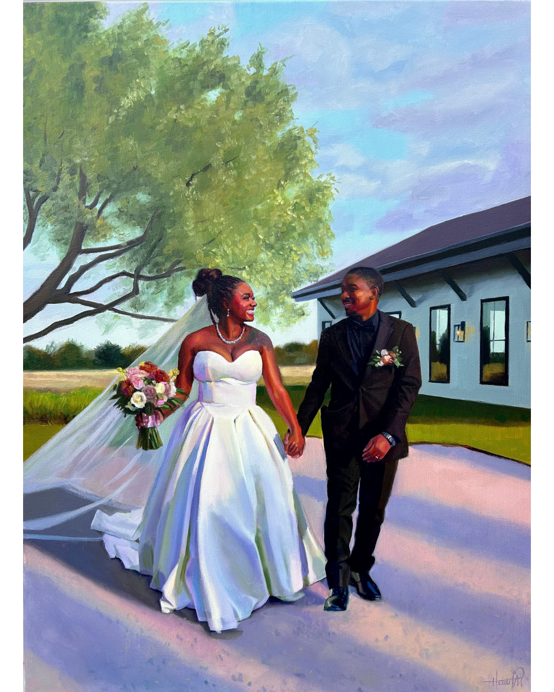 A painting of a bride and groom holding hands outside a house, smiling at each other, with trees and a blue sky in the background.