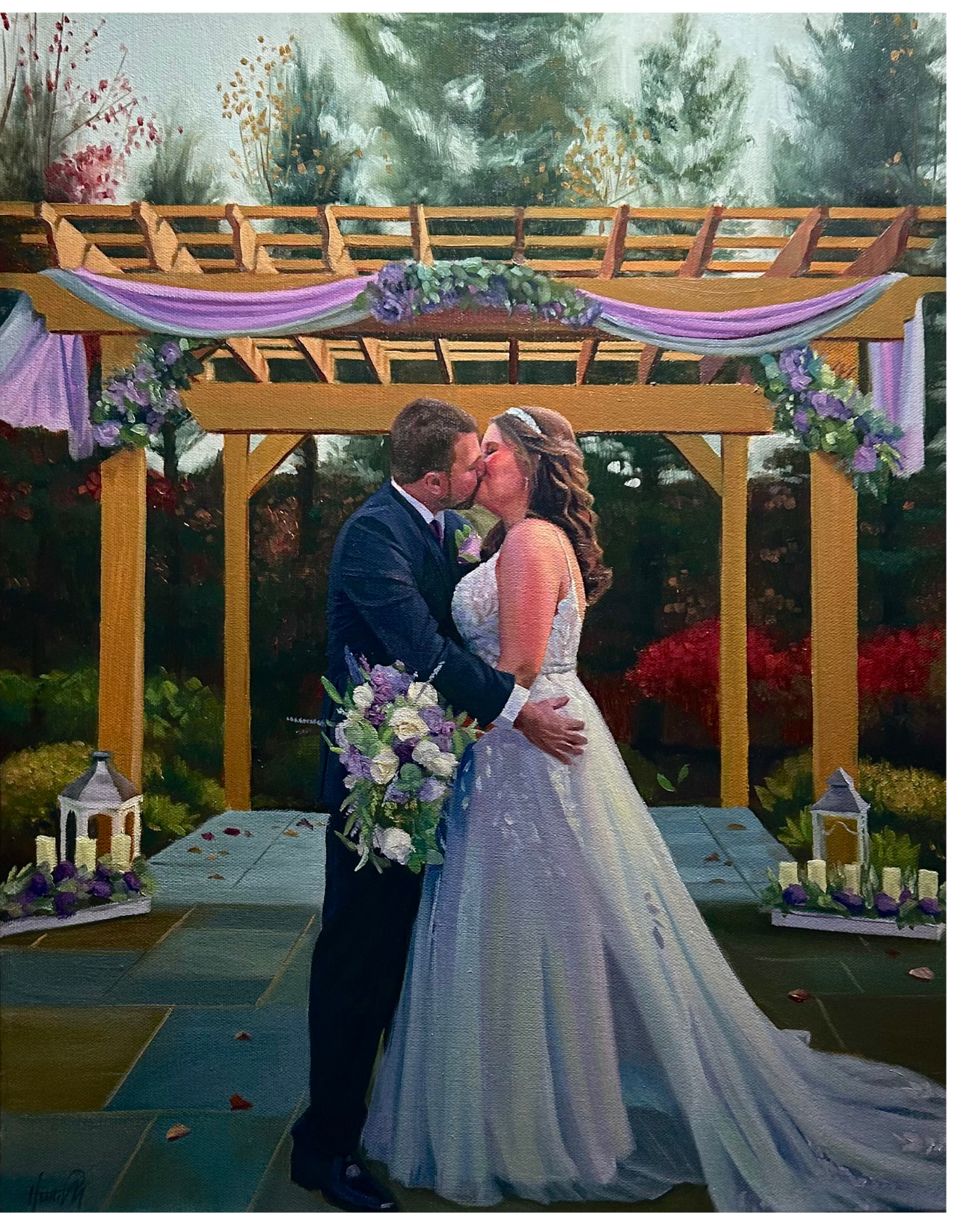 Painting of a newlywed couple kissing under a decorated wooden wedding arch with purple and white drapes and floral arrangements, set outdoors in a garden.