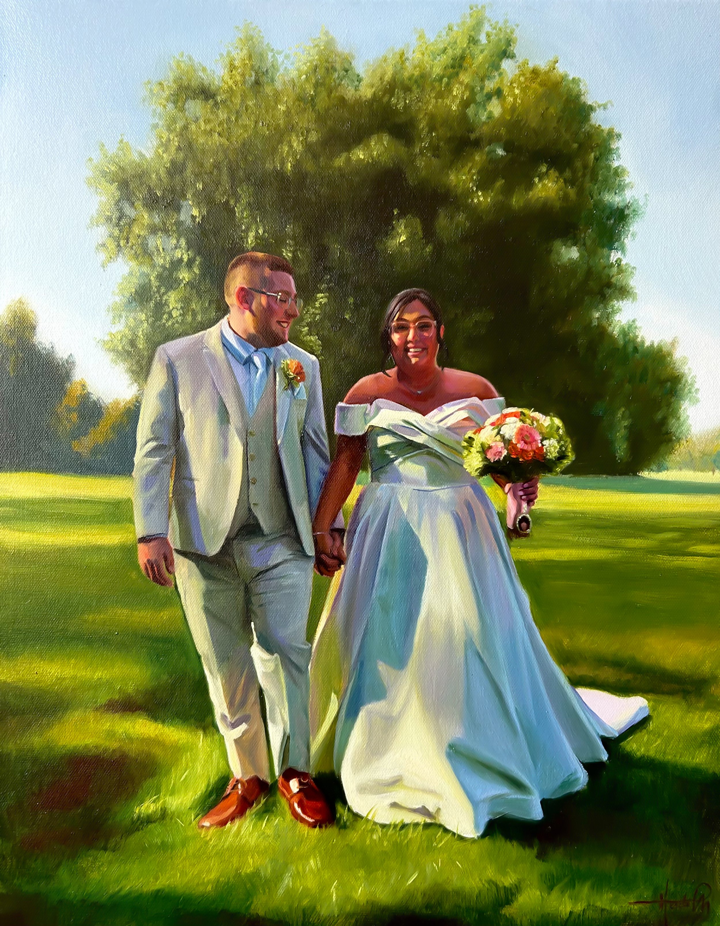 Painting of a bride and groom walking hand in hand in a park, with the bride holding a bouquet of flowers, under a large tree, on a sunny day.