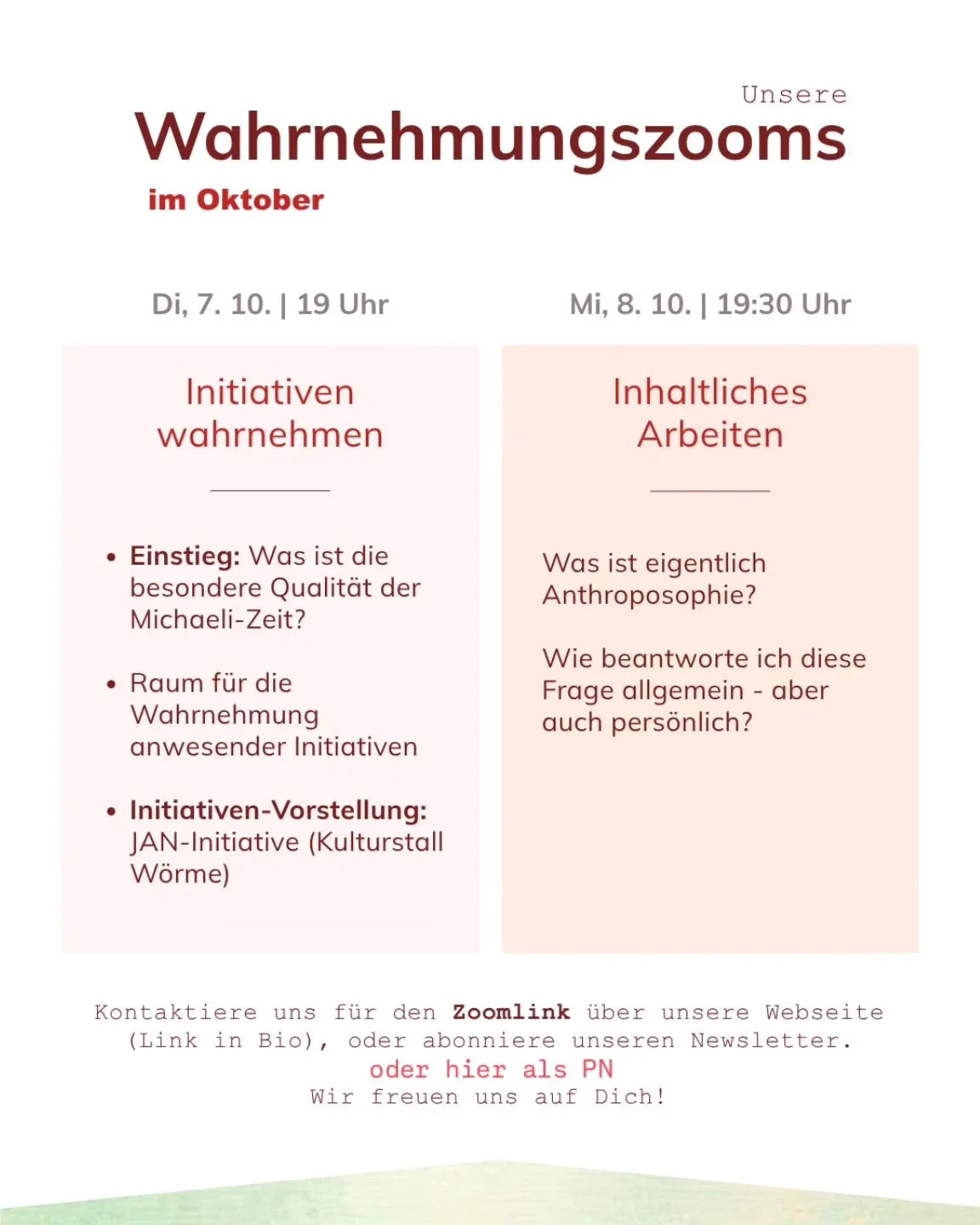Eine etwas kurzfristige aber sehr herzliche Einladung zu unseren monatlichen Wahrnehmungszooms!
Die Wahrnehmungszooms eignen sich sehr zum Kennenlernen und Reinschnuppern und richten sich an alle die Lust auf Austausch haben und/oder Begegnung mit an