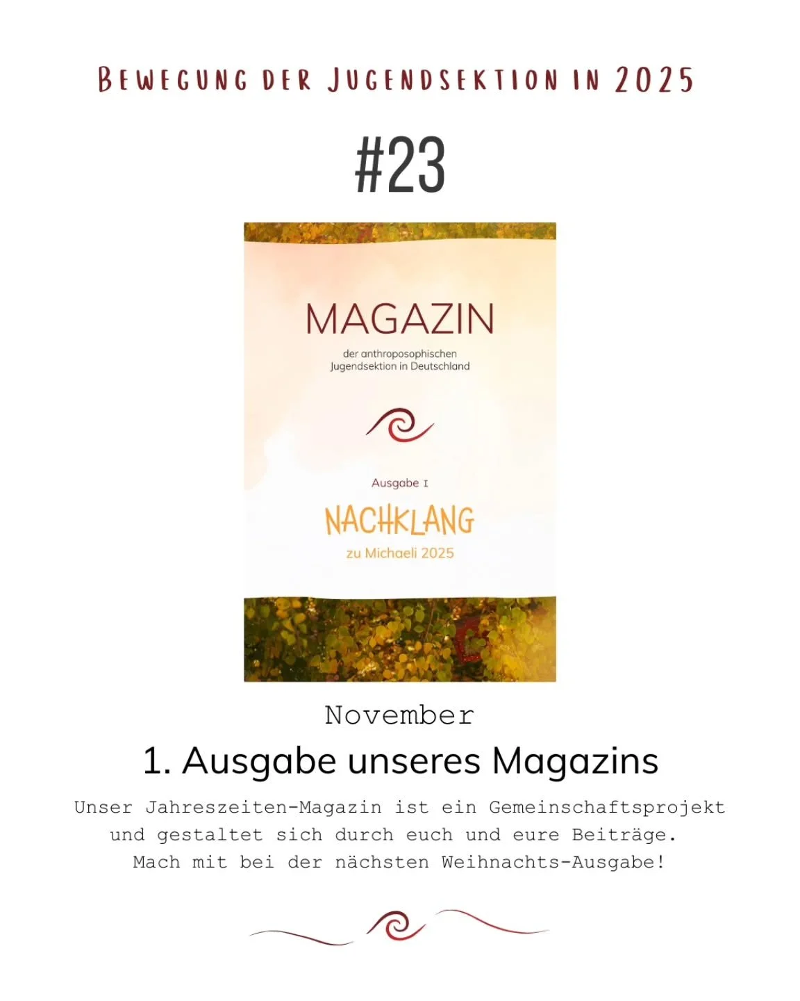 Unser Magazin ist ein Gemeinschafts-Projekt, bei dem sich jede*r angesprochen f&uuml;hlen darf, welche*r sich mit dem anthroposophischen Jugend-Impuls verbunden f&uuml;hlt.
Hiermit wollen wir einen Raum &ouml;ffnen f&uuml;r eure Themen und Anliegen, 