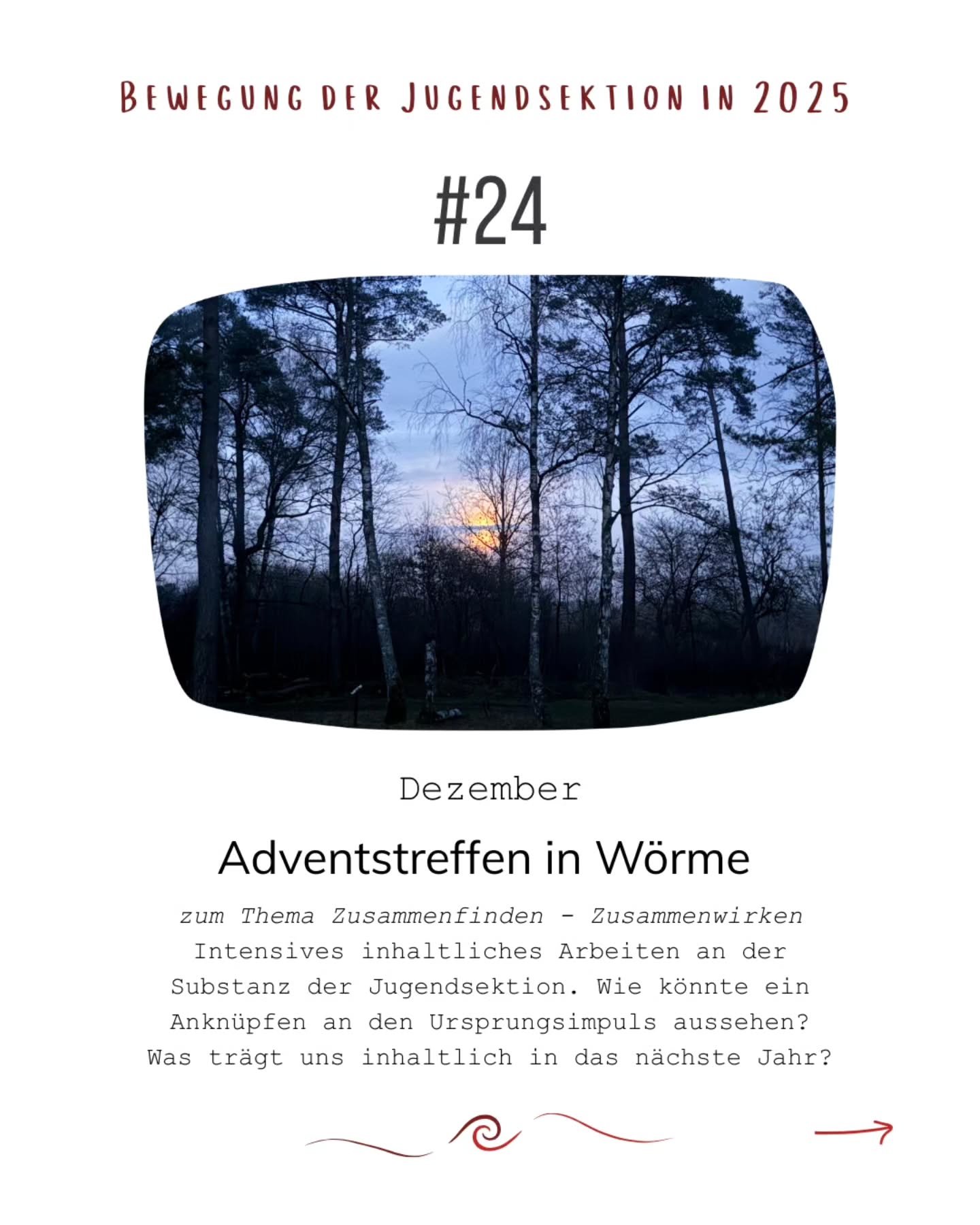 Im Dezember versammelten wir uns am Nikolaus-Wochenende bei Kerzenlicht und Kachelofenw&auml;rme im alten Schafsstall in W&ouml;rme zum Thema Zusammenfinden - Zusammenwirken.
Es war ein intensives Arbeiten an der Substanz der Jugendsektion inhaltlich