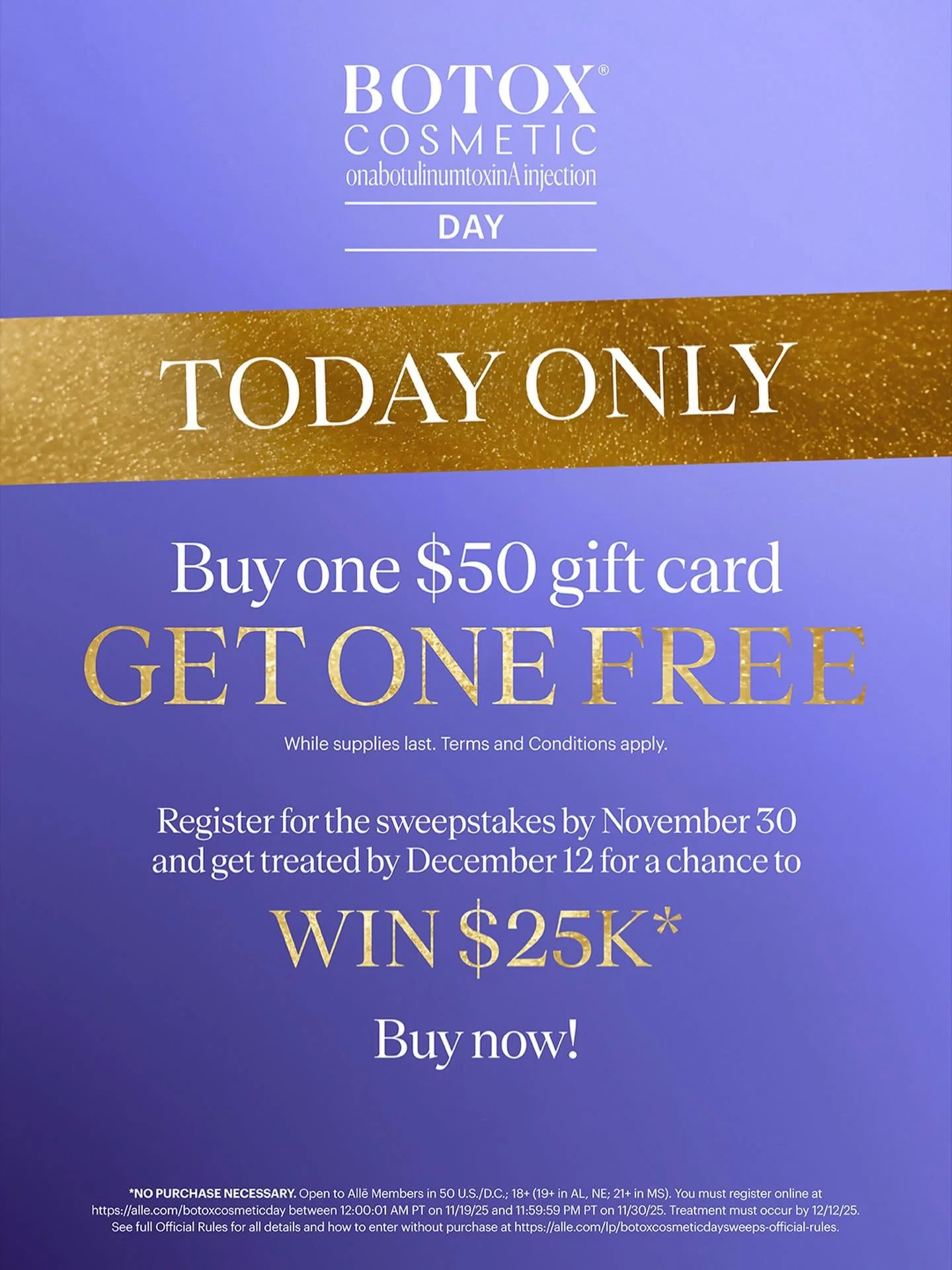 National Botox Day is this here! The sale begins at exactly 12 PM! 🎉

Allē is offering their biggest deal of the year:
✨ Buy one $50 gift card, get one FREE
✨ Register with Alle for a chance to win $25,000

And at MedLuxe Wellness, we&rsquo;re takin