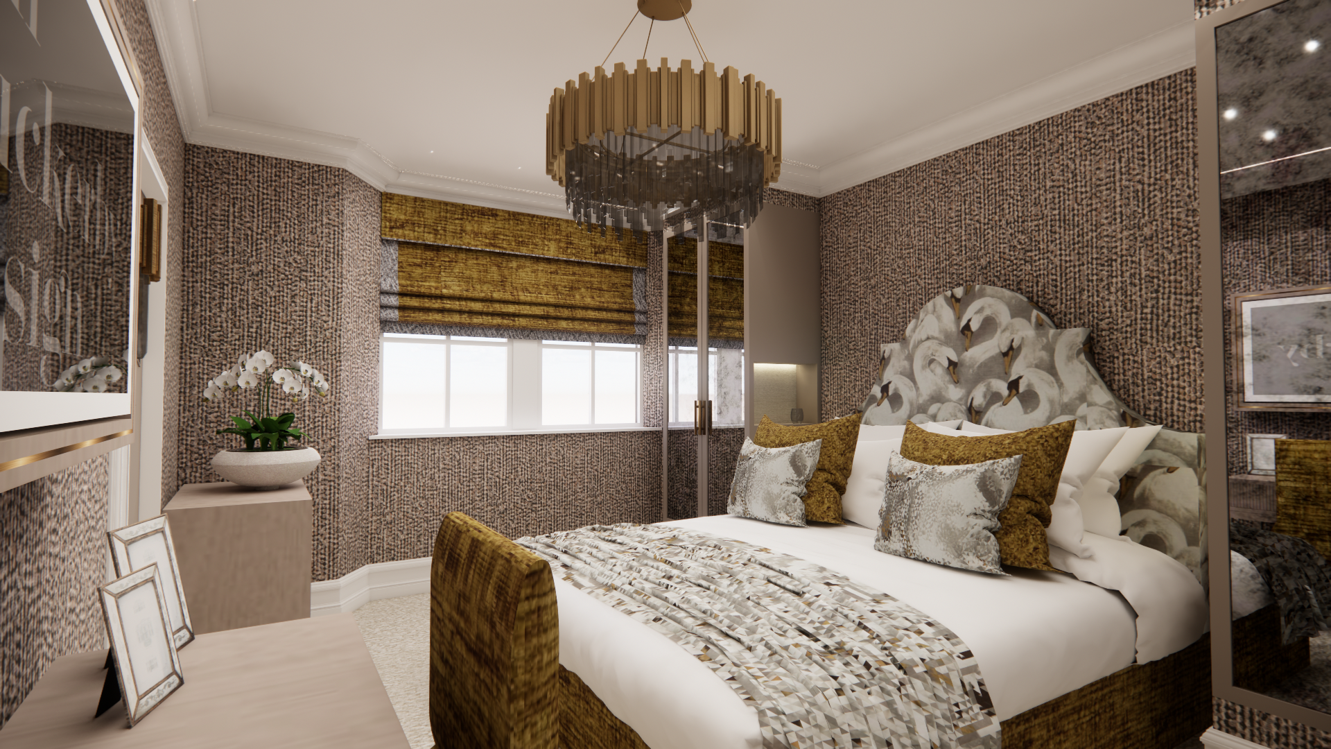 A luxurious bedroom with patterned wallpaper, a unique bed with swan art headboard, gold pillows, a bedside table, and a chandelier, with natural light from a window.