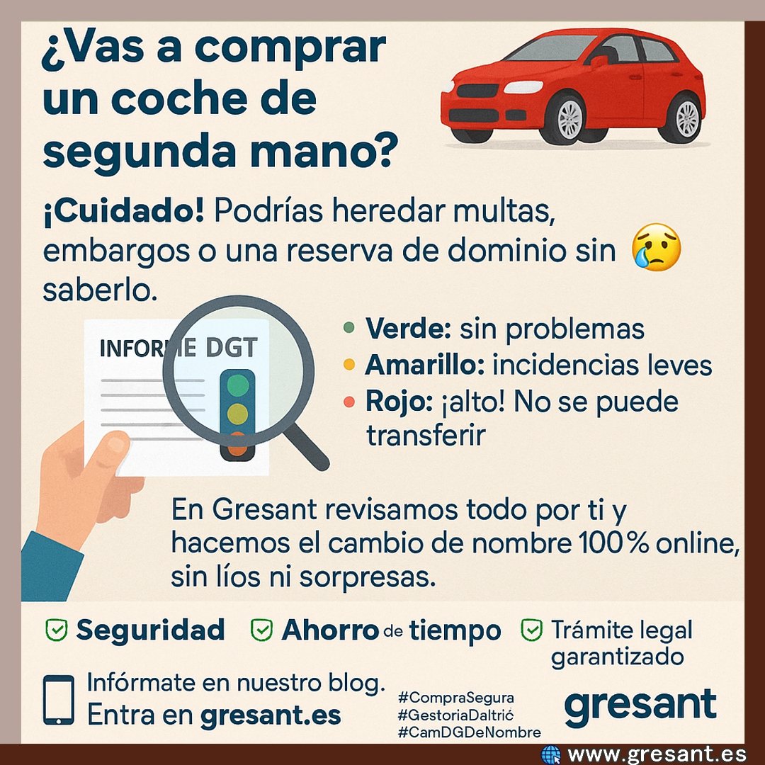 🚗 ¿Vas a comprar un coche de segunda mano?
¡Cuidado! Podrías heredar multas, embargos o una reserva de dominio sin saberlo. 😰
🔍 Antes de lanzarte, consulta el informe gratuito de la DGT.
🟢 Verde: sin problemas
🟡 Amarillo: in