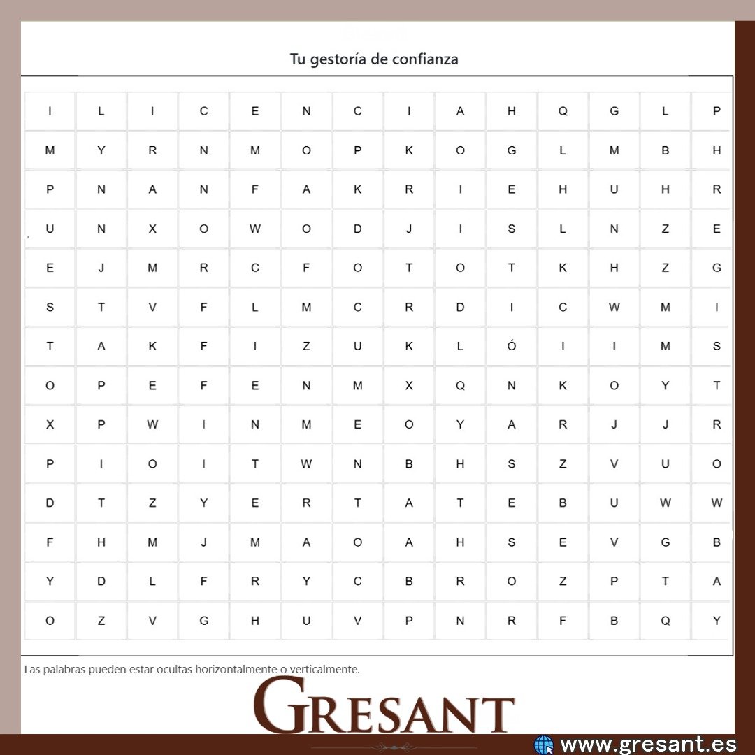 📄✨ ¡Pon a prueba tu vista con nuestra sopa de letras!✨📄
En Gresant no solo resolvemos tus trámites, también nos gusta hacerlo de forma divertida. 🧠💼
Encuentra en esta sopa de letras los servicios que ofrecemos y algunas gesti
