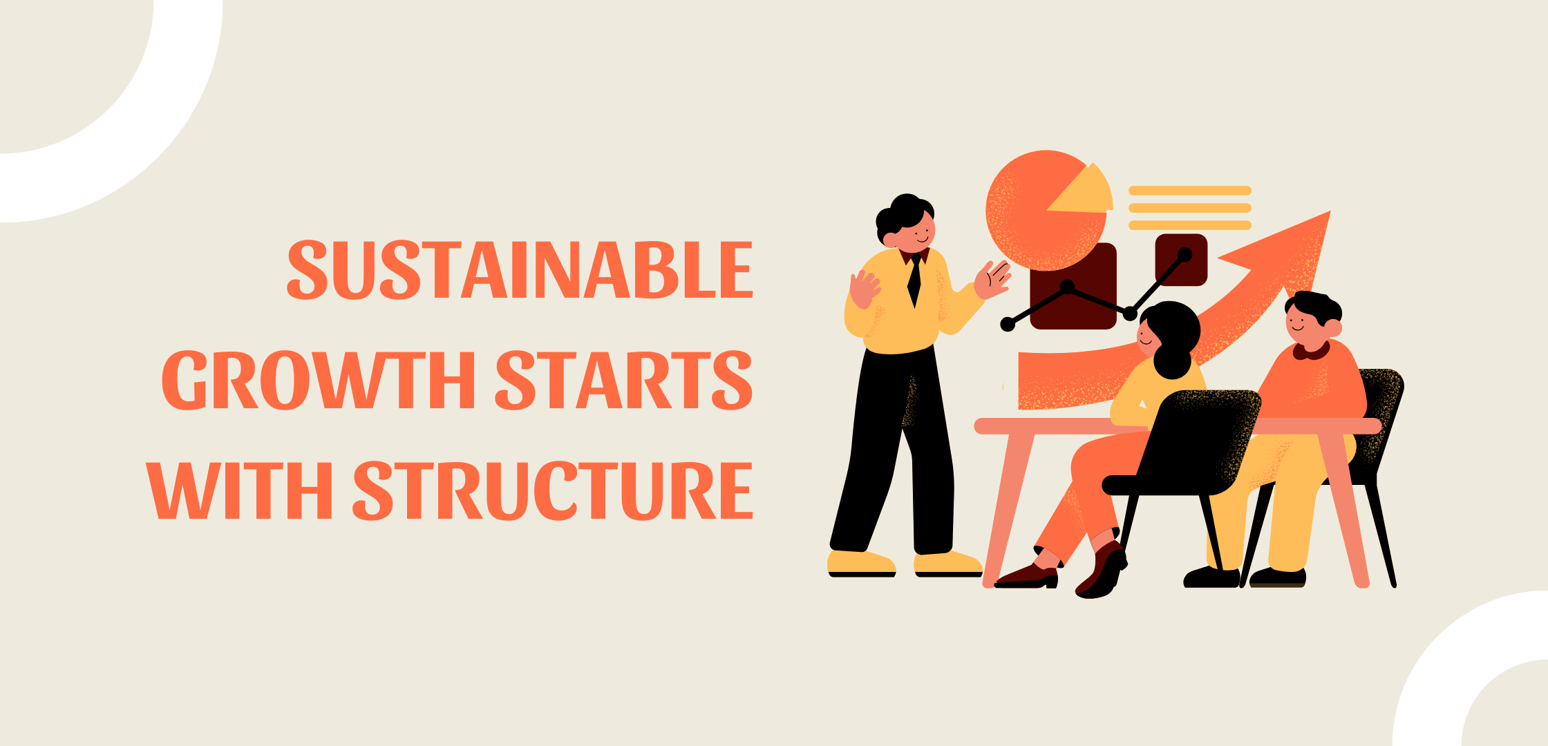 Strategic growth planning illustration showing business team analysing data charts and revenue trends, representing how a growth partner builds business structure before scaling for SMEs.