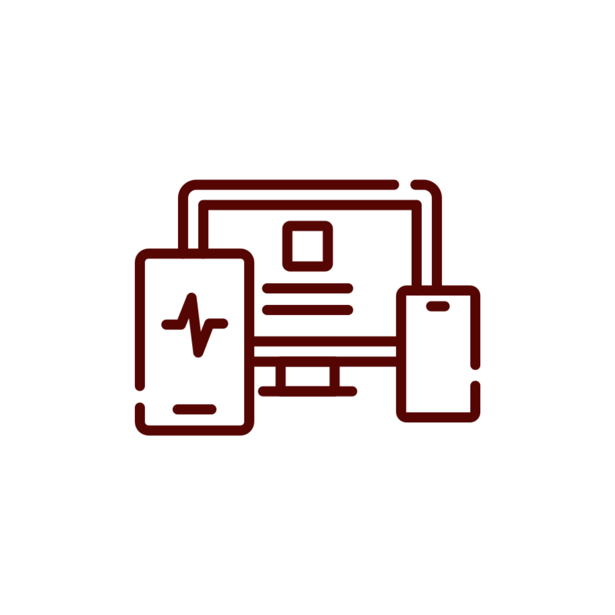 Outline of various electronic devices including a smartphone, a tablet, a laptop, a desktop computer, and a monitor connected with lines.