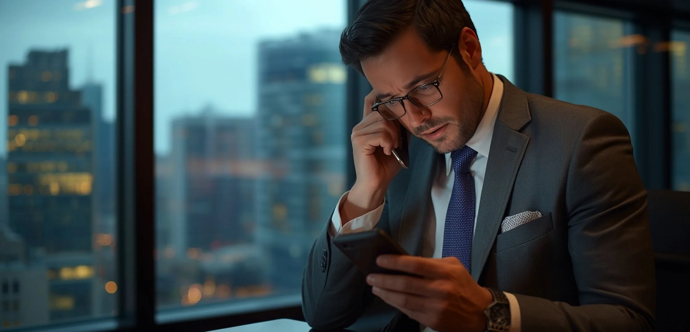 Stressed executive looking at his smartphone in a modern high-rise office building at night.