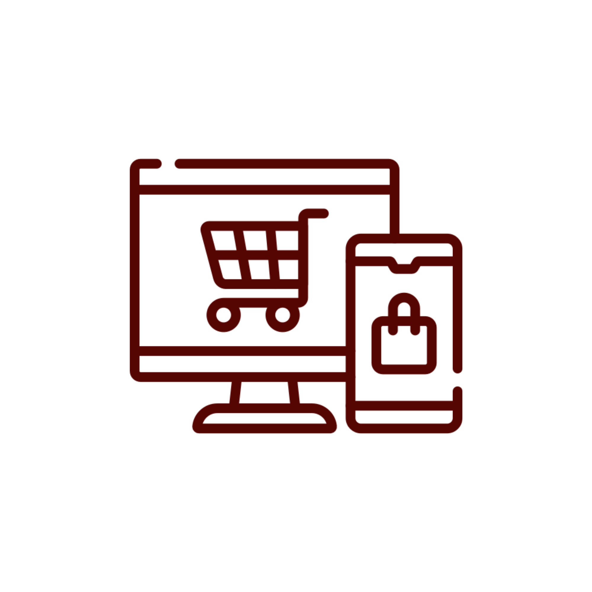 Outline of a shopping cart, a credit card, a dollar bill, and a shopping bag, all in red lines.