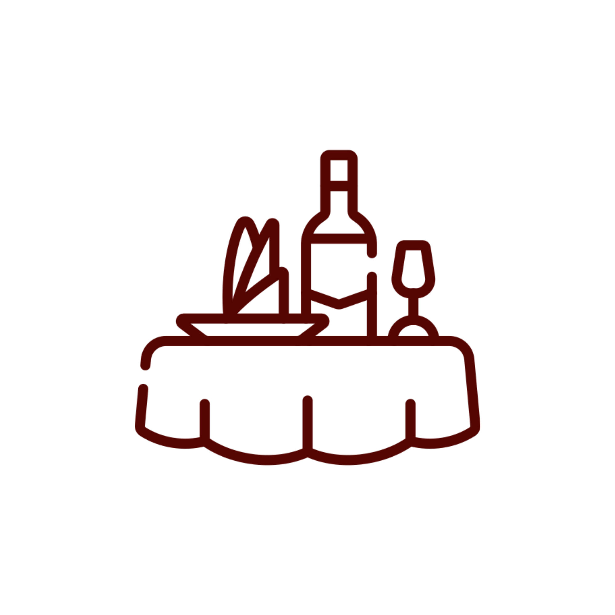 Red outline of various bottles, glasses, and a cocktail shaker arranged on a surface.
