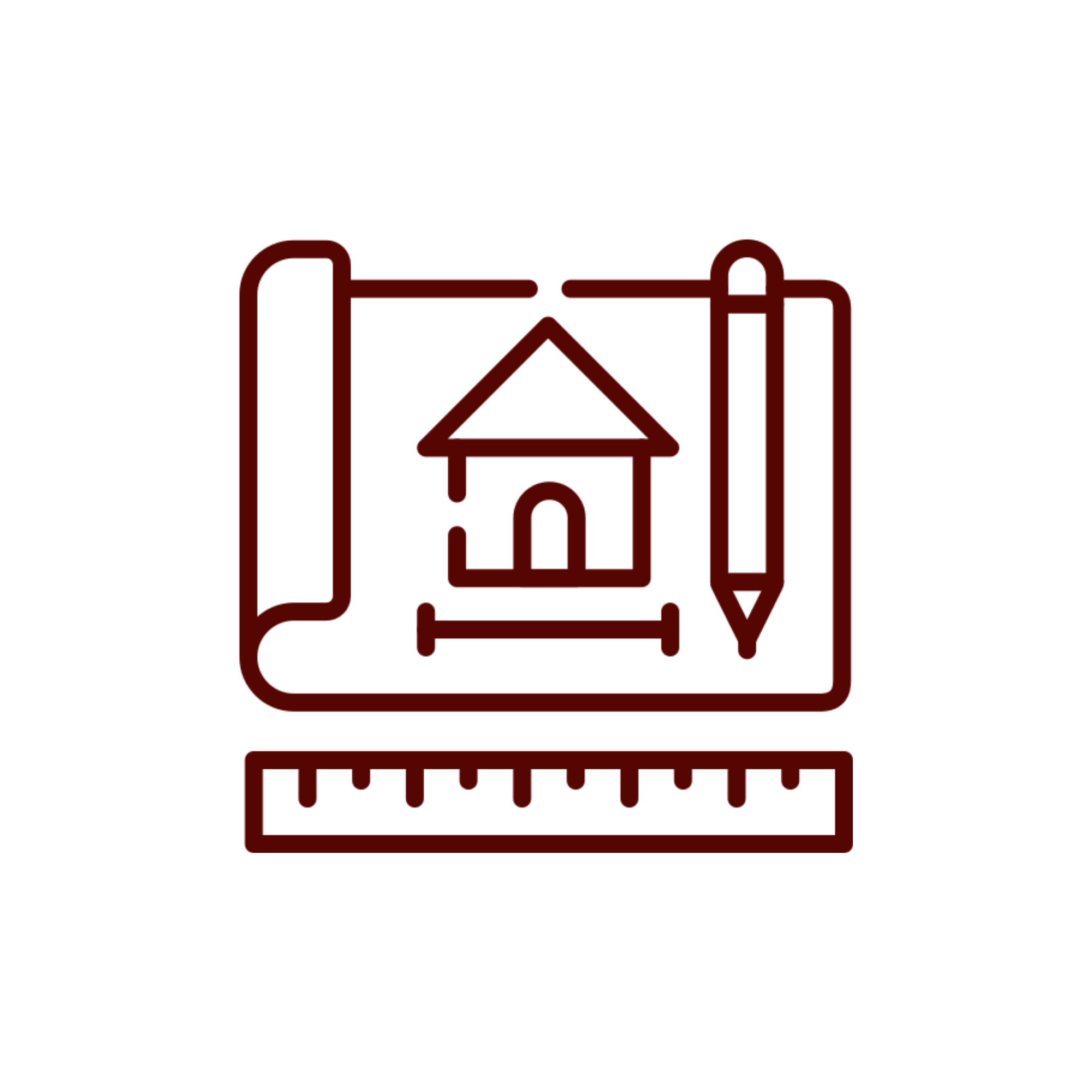 Red outline of a laboratory flask with a house icon in the center, connected to icons of a pencil and ruler, representing education or learning in science.