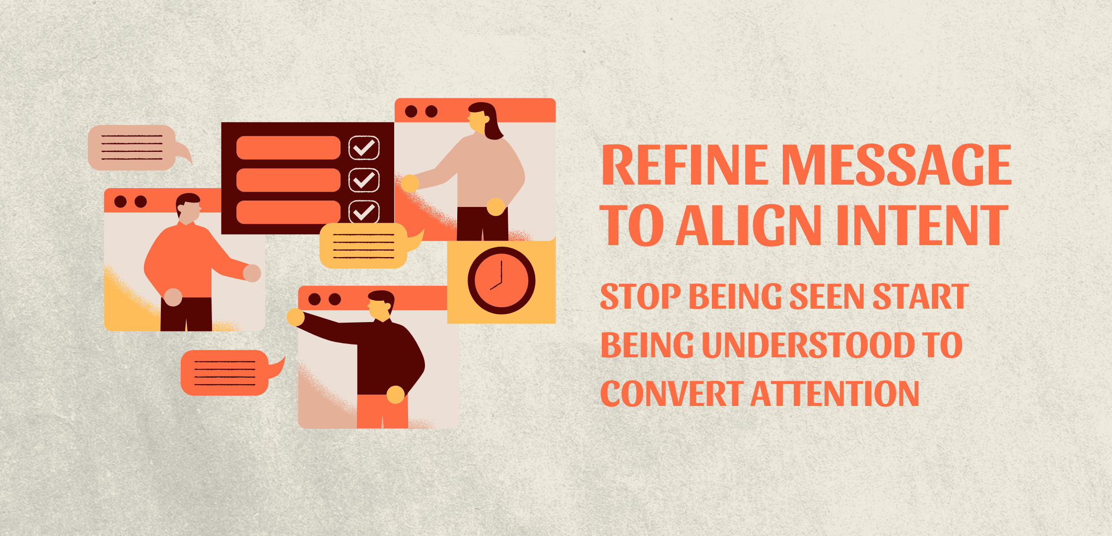 Marketing and messaging illustration with communication elements and checklists, representing aligning brand message with customer intent to improve conversion.