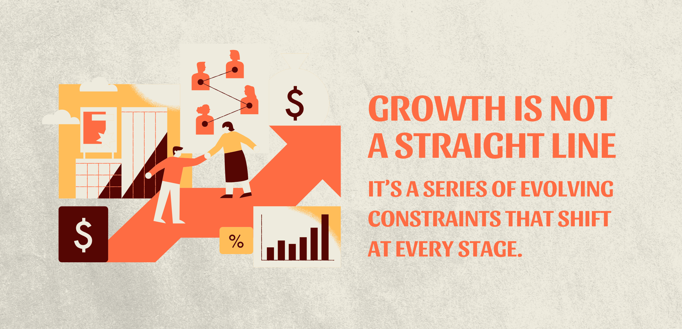 Business growth illustration showing an upward path with people, financial icons, and data charts, representing evolving constraints at different growth stages.