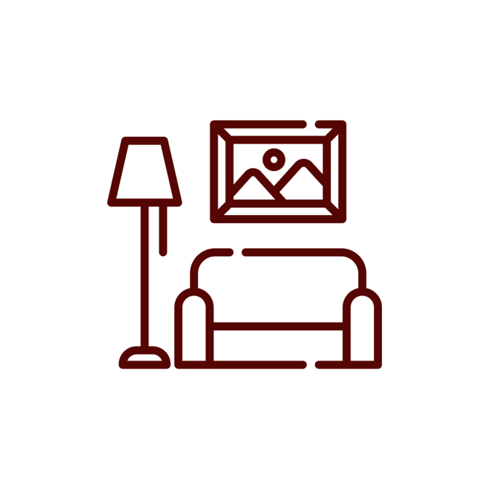 A black background with a red outline of a lamp, a picture frame, and a set of chili peppers connected with lines.